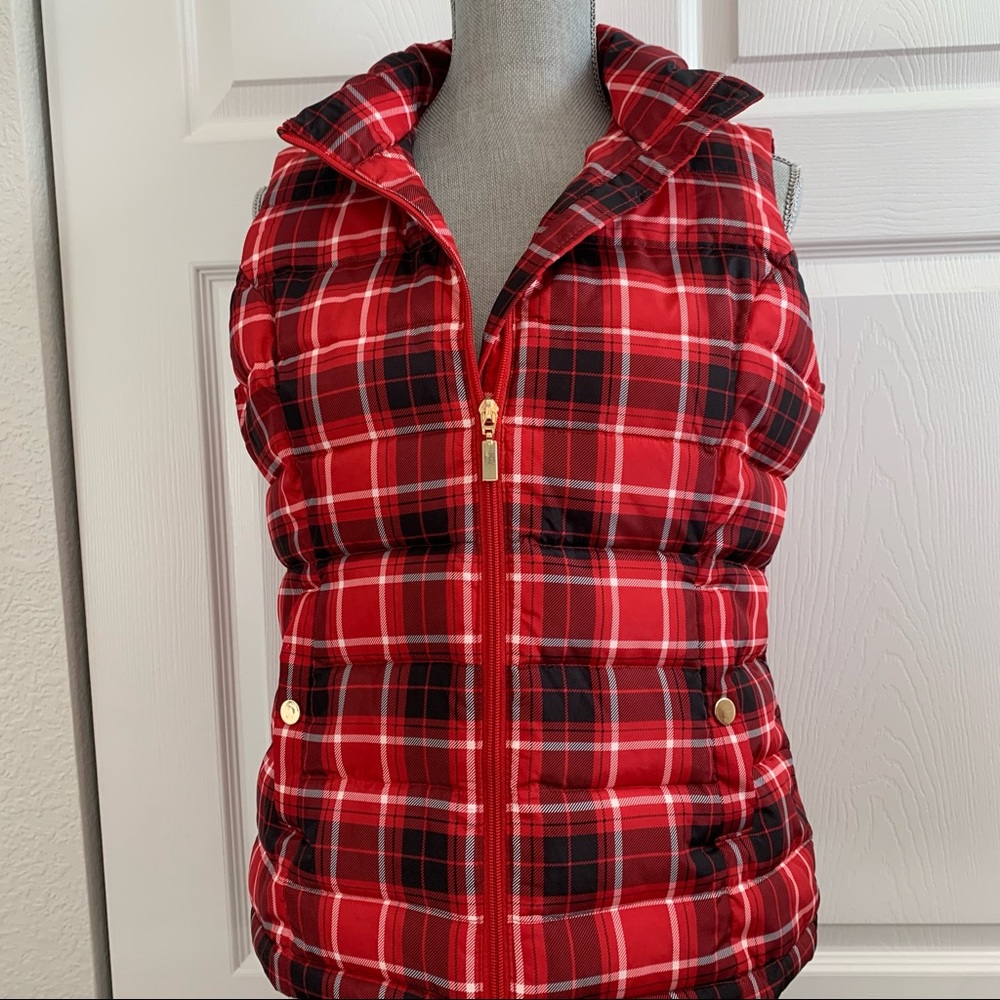 CHARTER CLUB red plaid puffer vest size S with gold zipper and pocket snaps